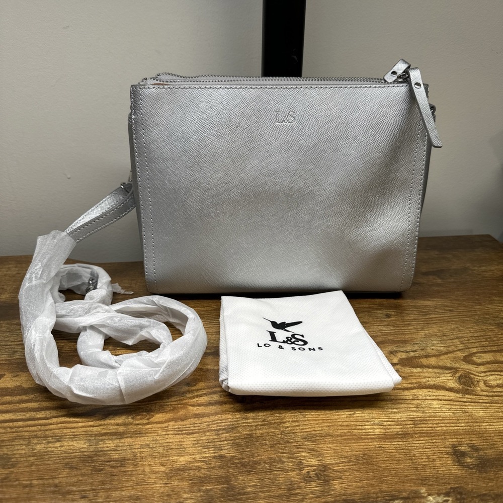 NEW Lo & Sons Pearl Double-Zip Crossbody Saffiano Leather‎ Silver Shimmer Multi
